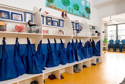 The dressing room of the Olympic group with matching blue accents and a dedicated space for each child